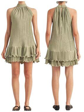 Arose Studio Celestine Pleated Halter Ruffle Mini Dress Sage NWT Small